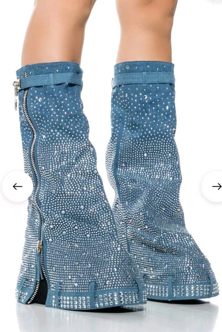 KASTEL FOLD OVER DENIM EMBELLISHED Platform Boot Sz.8 New